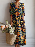 Margherita | Abito Midi Donna Boho Stampato con Scollo a V