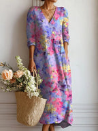 Margherita | Abito Midi Donna Boho Stampato con Scollo a V