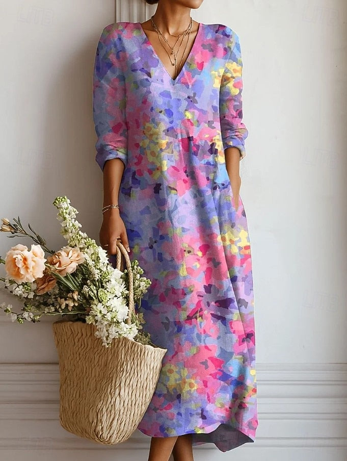 Margherita | Abito Midi Donna Boho Stampato con Scollo a V